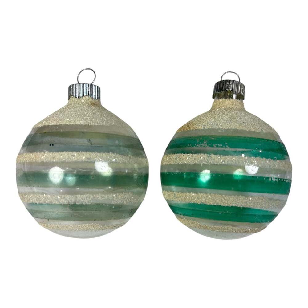 2 Vintage Unsilvered Shiny Brite Glass Christmas Ornament Ball Mica Green Stripe
